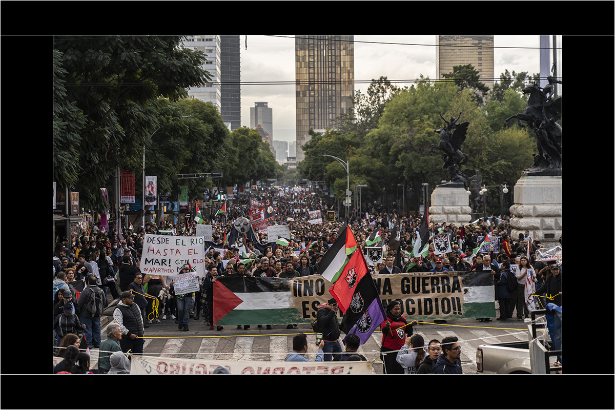 Miles de personas que apoyan la liberación de Palestina, avanzan por Avenida Juárez , de la Ciudad de México. Foto: Duilio Rodríguez